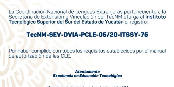 ITSSY obtiene el Registro Nacional de la Coordinación de Lenguas Extranjeras